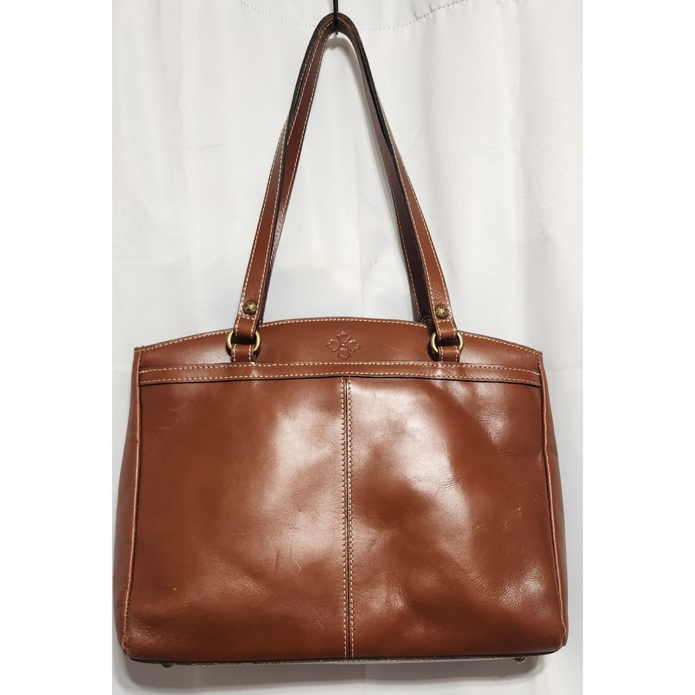 Patricia Nash Poppy Cognac Brown Leather Shoulder Bag Tote‎ Contrast Stitching